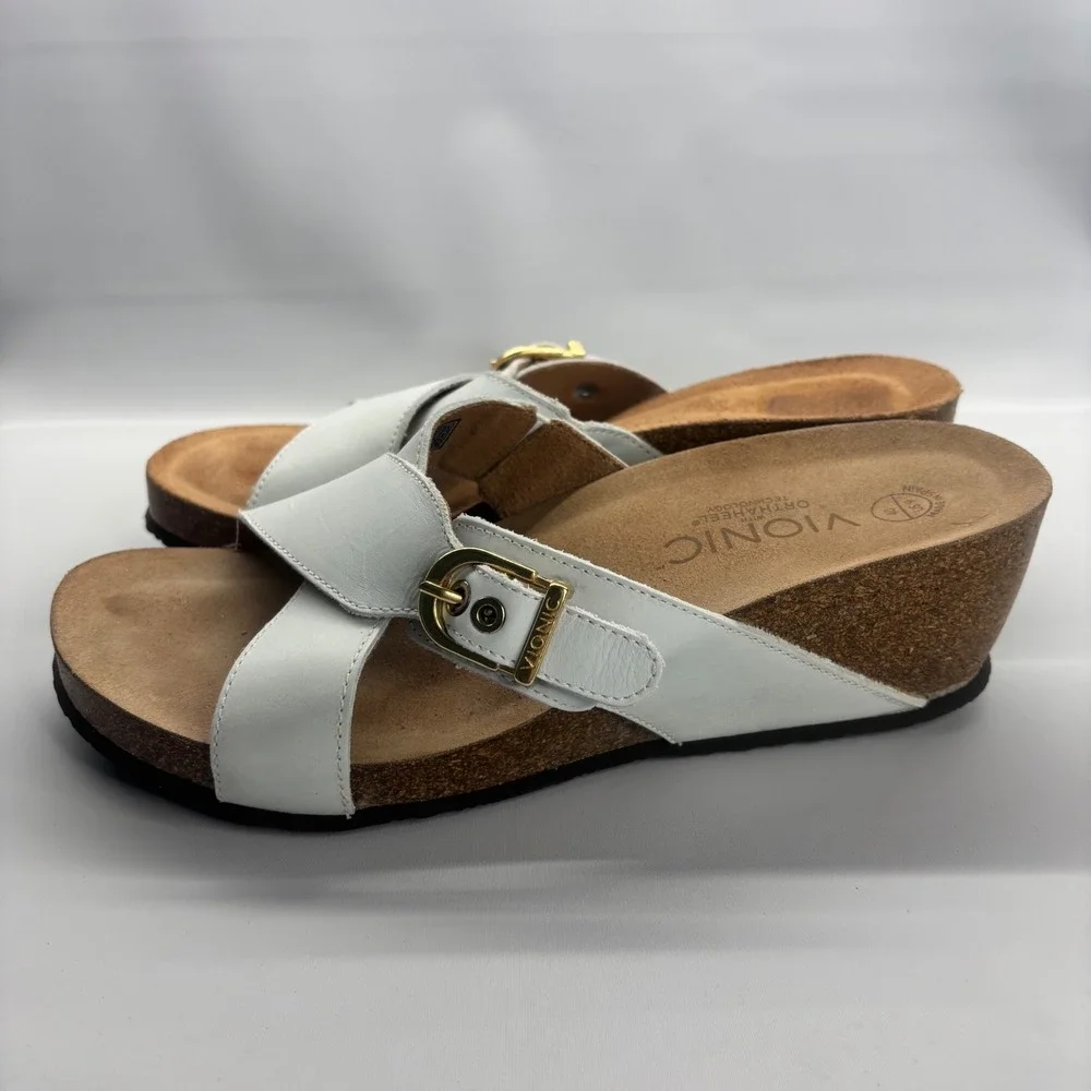 Vionic White Crossband Wedge Sandals with Gold Buckle